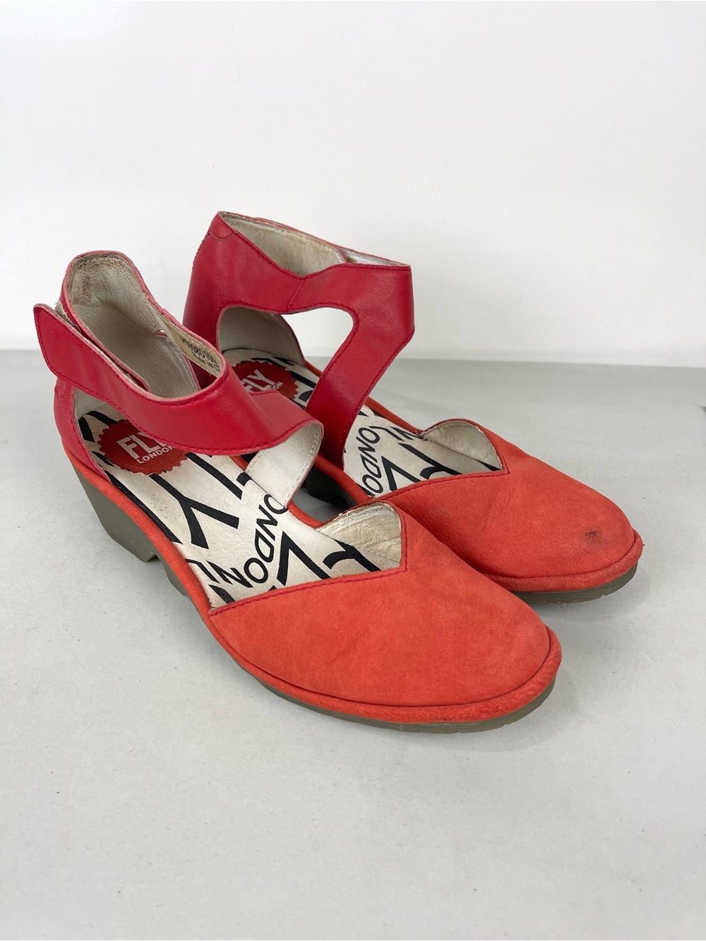 Fly London Pat Mary Jane Wedge Shoes Women’s Size 38 Orange Red Leather